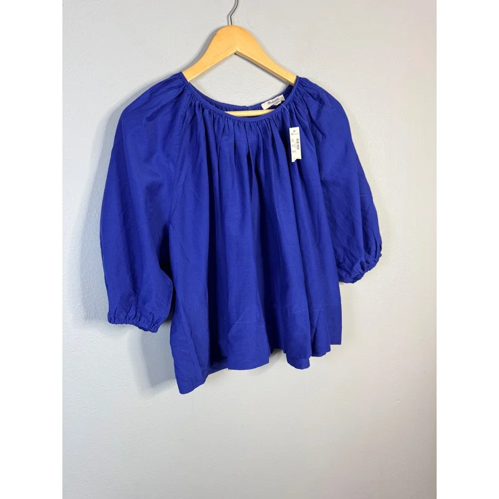 Madewell‎ Shirred Puff-Sleeve Top in Cotton-Silk Voile Bright Sapphire Small NWT